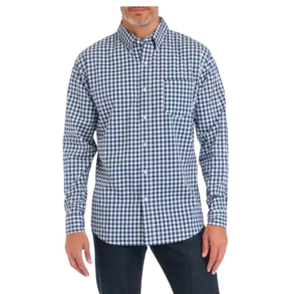 Crown & Ivy Poplin Dark Blue Gingham Print Cotton Button Down Shirt. Size Large.